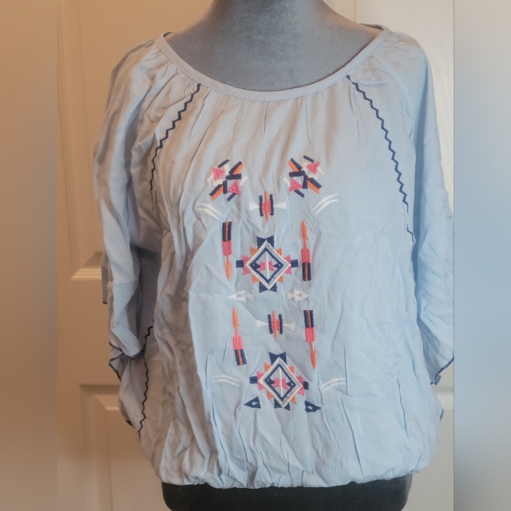 NWT Just Funky Light Blue Poncho Syle Embroidered Top